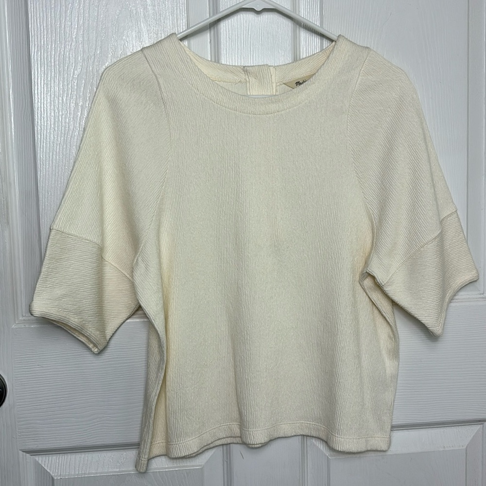 MADEWELL Button back Ottoman jacquard cream color short sleeve blouse size Small - Picture 2 of 10